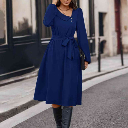 Buttoned Tie Front Long Sleeve Asymmetrical Neck Dress