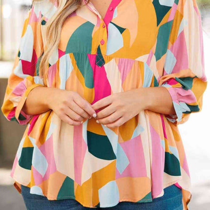 Plus Size Printed Collared Neck Half Button Top