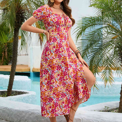 Floral Square Neck Short Sleeve Midi Dress
