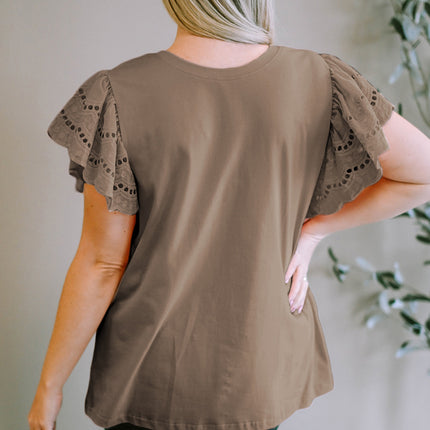 Plus Size Eyelet Round Neck Short Sleeve Blouse