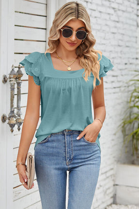Eyelet Square Neck Cap Sleeve Blouse