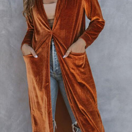 Collared Neck Longline Velvet Cardigan with Pockets