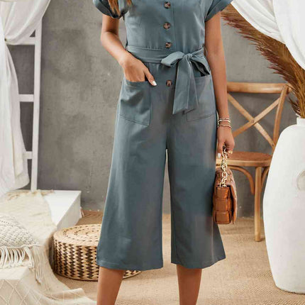 Tie-Waist Buttoned Cropped Jumpsuit