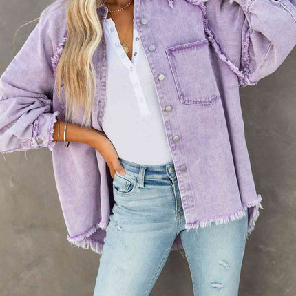 Button Down Raw Hem Denim Jacket