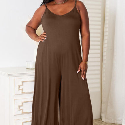 Double Take Full Size Soft Rayon Spaghetti Strap Tied Wide Leg Jumpsuit