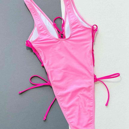 Lace-Up Deep V Sleeveless One-Piece Swimsuit