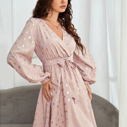 Tied Printed Surplice Long Sleeve Dress