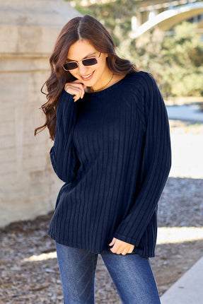 Basic Bae Full Size Ribbed Round Neck Long Sleeve Knit Top - Vickie Lynn's