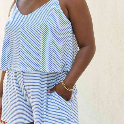 Culture Code Let It Happen Full Size Double Flare Striped Romper in Cobalt Blue