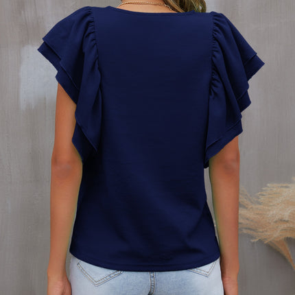 Round Neck Flounce Sleeve Blouse