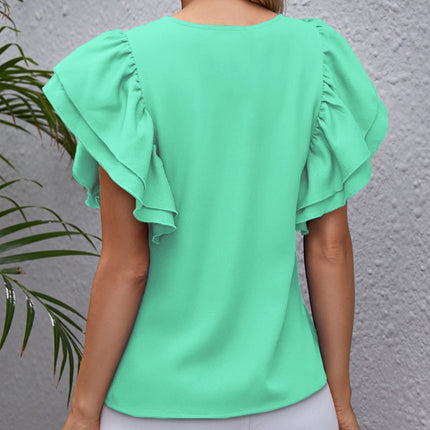 Round Neck Flounce Sleeve Blouse