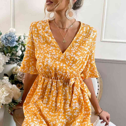 Printed Surplice Neck Ruffled Romper