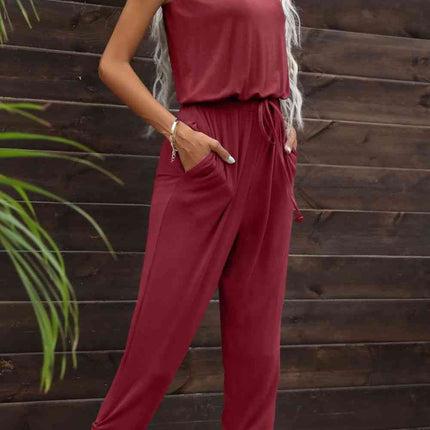 Drawstring Waist One-Shoulder Jumpsuit with Pockets