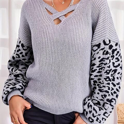 Plus Size Leopard Crisscross V-Neck Sweater