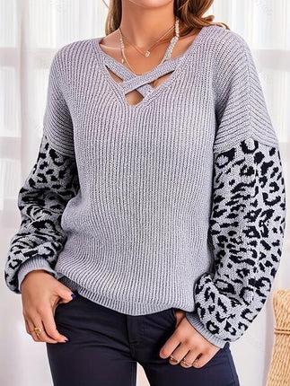 Plus Size Leopard Crisscross V-Neck Sweater