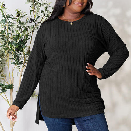 Basic Bae Full Size Ribbed Round Neck Long Sleeve Slit Top - Vickie Lynn's