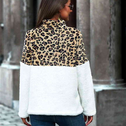 Leopard Color Block Half-Zip Collar Teddy Sweatshirt
