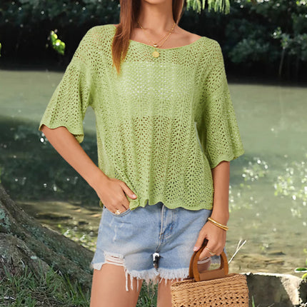 Openwork Round Neck Half Sleeve Knit Top