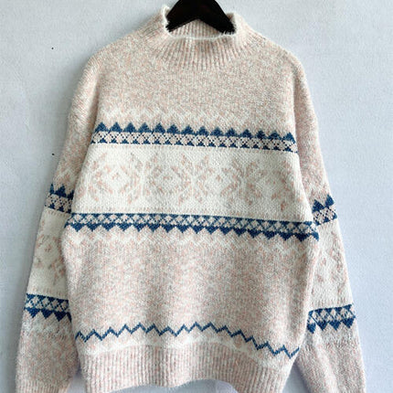Geometric Mock Neck Dropped Shoulder Sweater