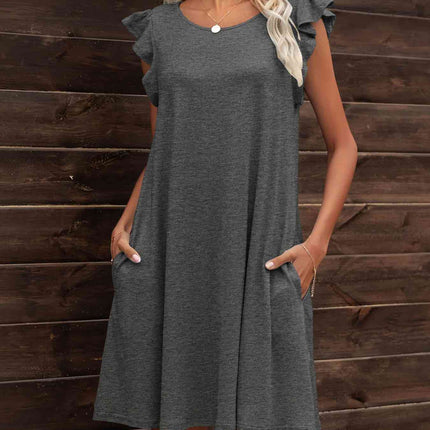 Round Neck Flutter Sleeve Dress with Pockets