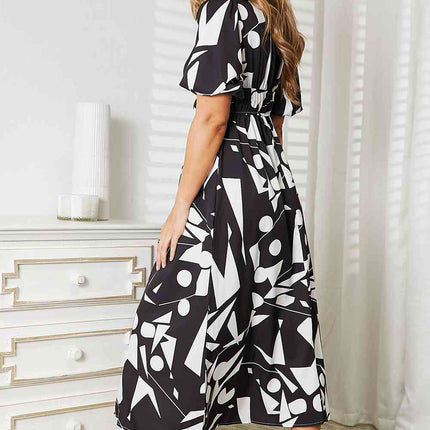Double Take Printed Surplice Balloon Sleeve Dress - Vickie Lynn's