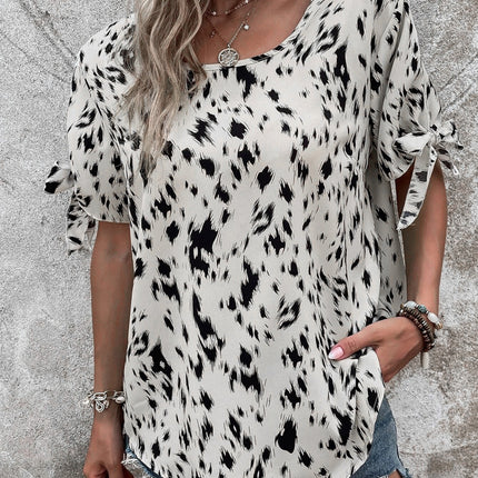 Tied Printed Boat Neck Blouse