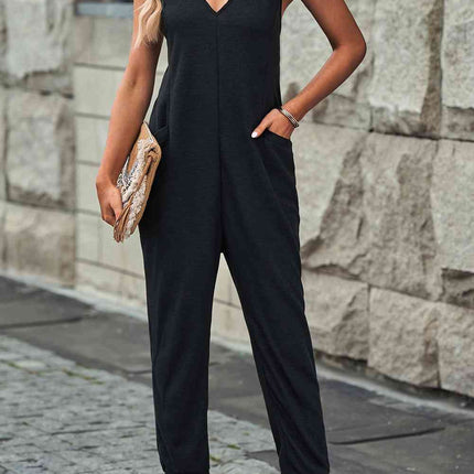 Spaghetti Strap Deep V Jumpsuit with Pockets