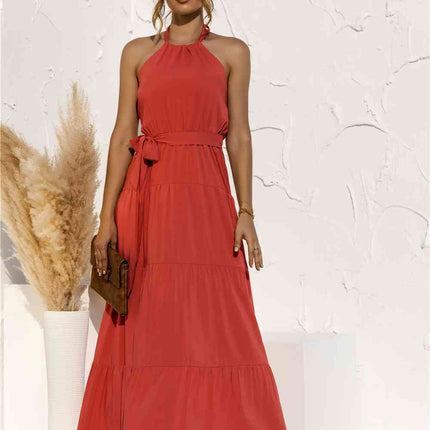 Halter Neck Tie Waist Tiered Maxi Dress