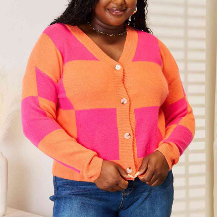 Woven Right Checkered V-Neck Dropped Shoulder Cardigan - Vickie Lynn's