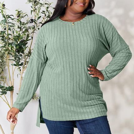Basic Bae Full Size Ribbed Round Neck Long Sleeve Slit Top - Vickie Lynn's