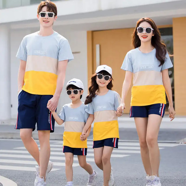 Color: Blue, style: Kid-150, Size:  - Fashion Striped Family Matching Outfits 2021 Summer Casual T Shirt Shorts Sets Couples Parentage Pajamas Holiday Outdoor Suits