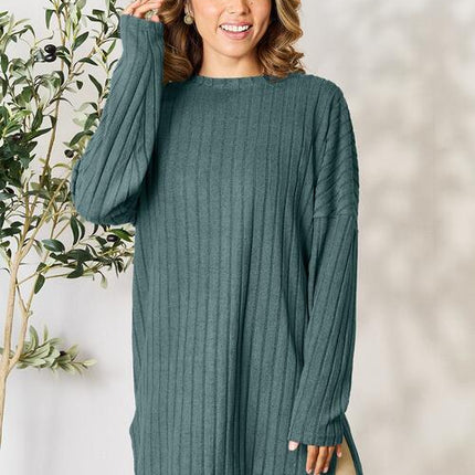 Basic Bae Full Size Ribbed Round Neck Long Sleeve Slit Top - Vickie Lynn's