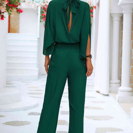 Tie Back Mock Neck Split Sleeve Jumpsuit