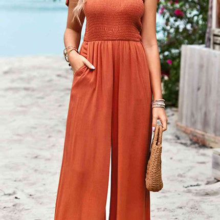 Frill Trim Tie Shoulder Wide Leg Jumpsuit with Pockets