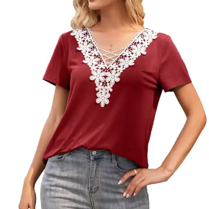 Women's Sexy Deep V Neck Cutout Lace Panel T-Shirt