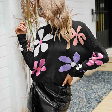 Flower Round Neck Drop Shoulder Sweater