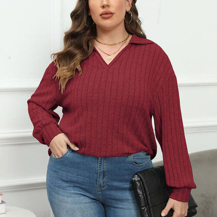 Plus Size Ribbed Collared Neck Long Sleeve Blouse