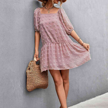 Swiss Dot Square Neck Half Balloon Sleeve Dress