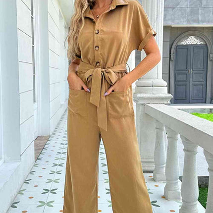 Tie Belt Buttoned Short Sleeve Collared Neck Jumpsuit