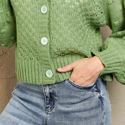 Woven Right Openwork Pompom Puff Sleeve Cardigan