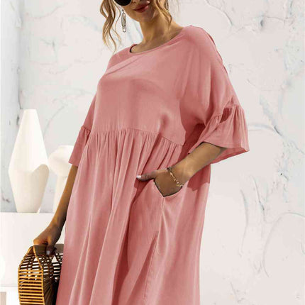 Boat Neck Flounce Sleeve Knee-Length Dress