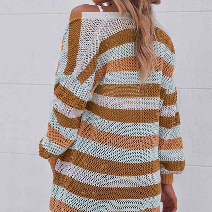 Full Size Striped Long Sleeve Openwork Cardigan