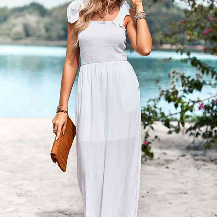 Frill Trim Tie Shoulder Wide Leg Jumpsuit with Pockets
