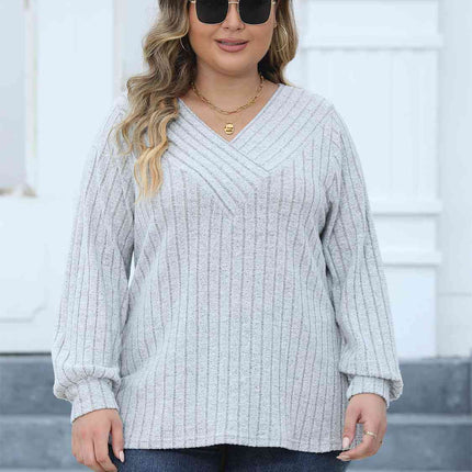 Plus Size Ribbed V-Neck Long Sleeve Top