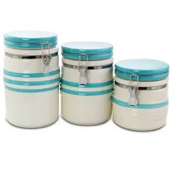 General Store Hollydale 3 Piece Canister Set in White and Teal Band