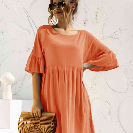 Boat Neck Flounce Sleeve Knee-Length Dress