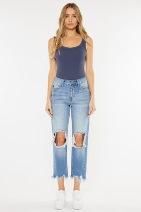 Kancan High Waist Chewed Up Straight Mom Jeans