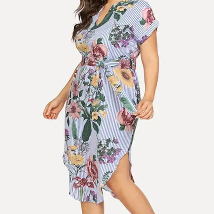 Women's Plus Size Striped V-Neck Short Sleeve Dress