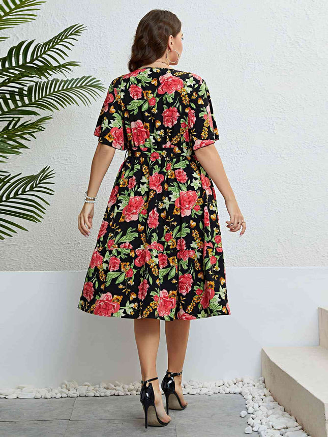 Plus Size Floral Tie Belt Surplice Dress