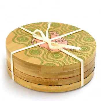 Urban Market 4 Piece Bamboo Coaster Set with Decorative Farm Animals